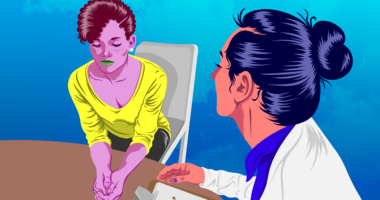 graphic of woman and doctor sitting at a table talking