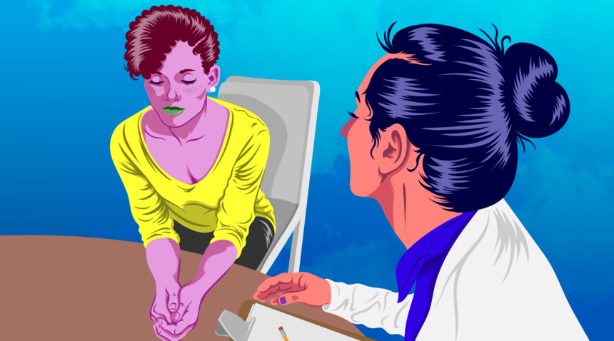graphic of woman and doctor sitting at a table talking