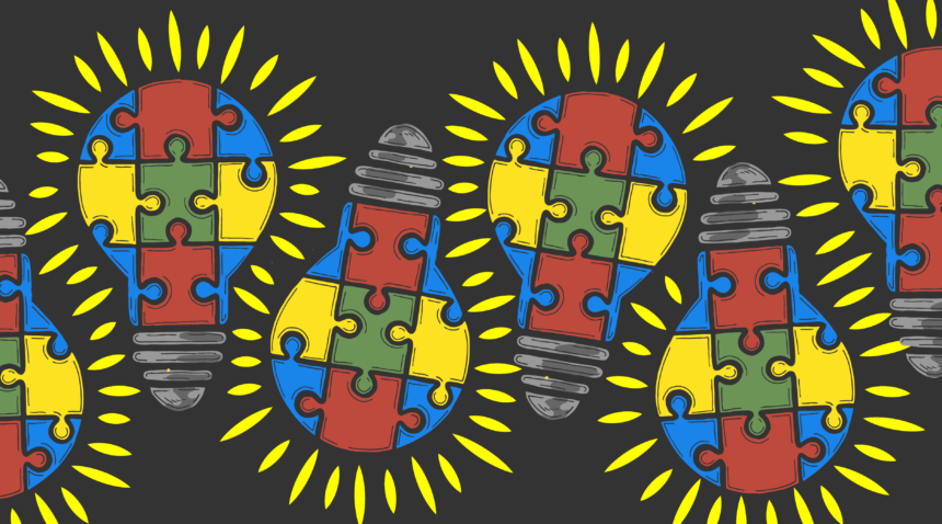 austism logo of multi-colored puzzle pieces in a pattern of light bulb shapes