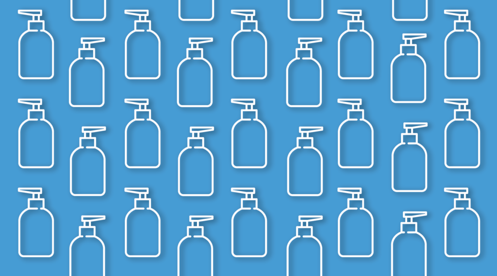 An illustration showing a repeat patter of hand sanitizer bottles.