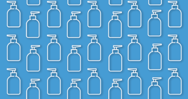 An illustration showing a repeat patter of hand sanitizer bottles.
