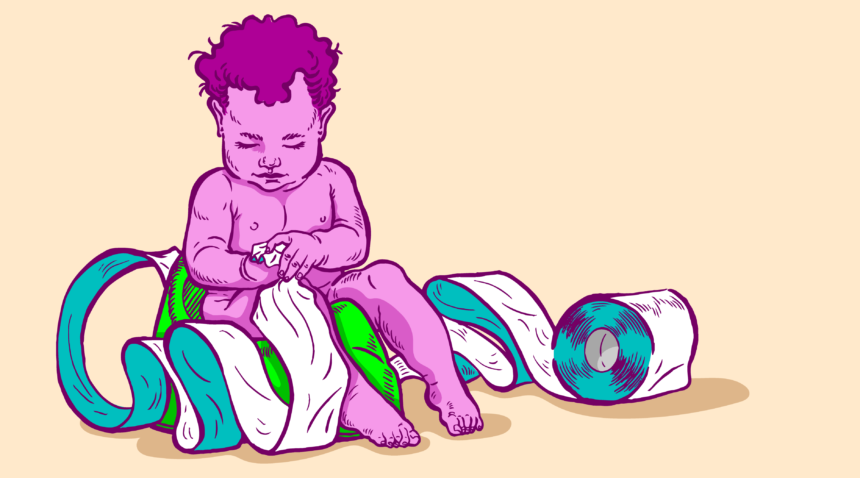 illustration of baby playing with roll of toilet paper
