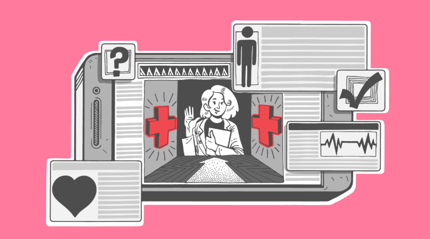 illustration of computer screen with doctor talking