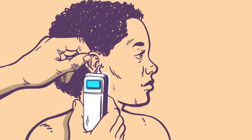 illustration of child getting his temperature checked with ear thermometer