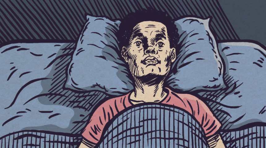 illustration of young man lying awake in bed