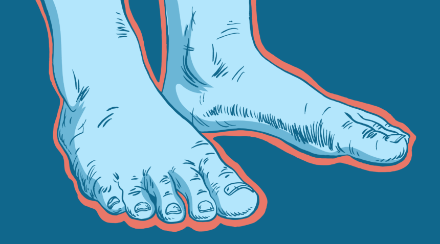 illustration of pair of feet, blue in color with orange outline