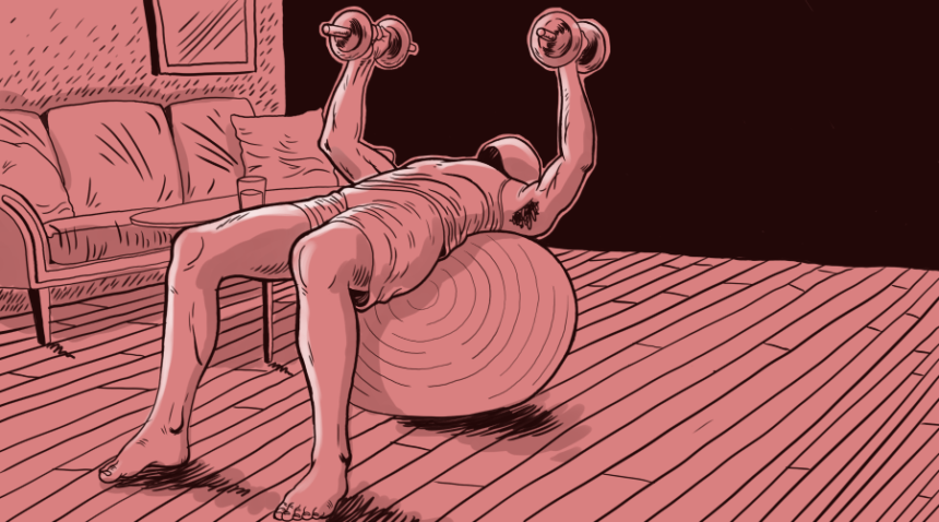illustration of man bench-pressing dumbbells while laying on exercise ball