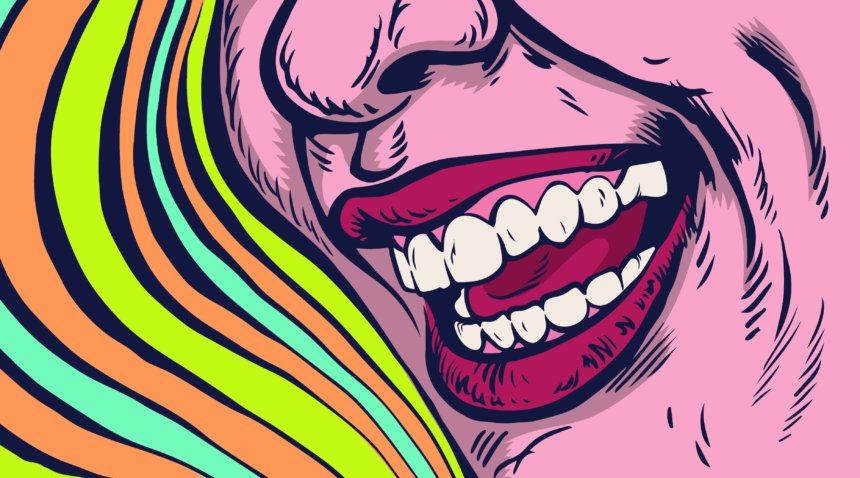 Andy Warhol-style illustration of a face smiling/laughing from nose down