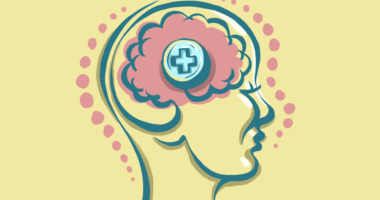 An illustration of a brain with a medication symbol - a cross - overplayed.
