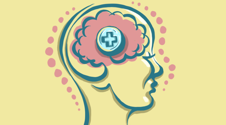 An illustration of a brain with a medication symbol - a cross - overplayed.