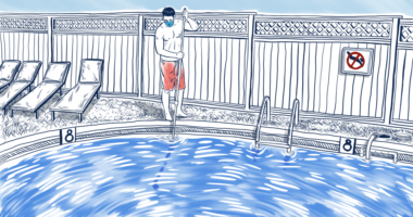 illustration of lifeguard cleaning pool while wearing a face mask