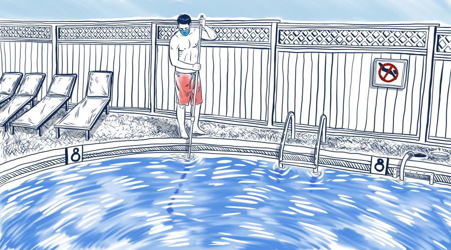 illustration of lifeguard cleaning pool while wearing a face mask