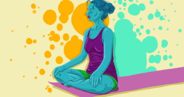 illustration of woman sitting on yoga mat in meditation pose