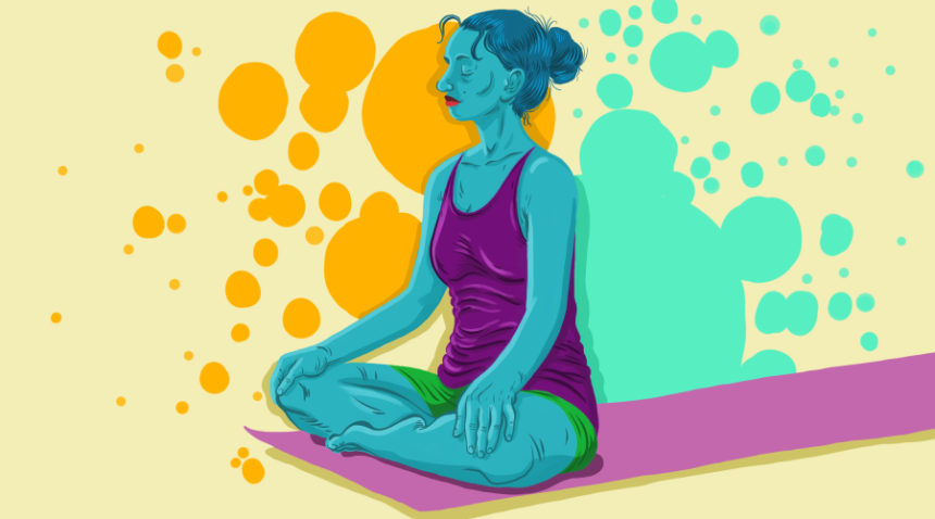 illustration of woman sitting on yoga mat in meditation pose