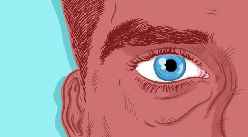 Illustration of close-up of man's face, focusing on right eye