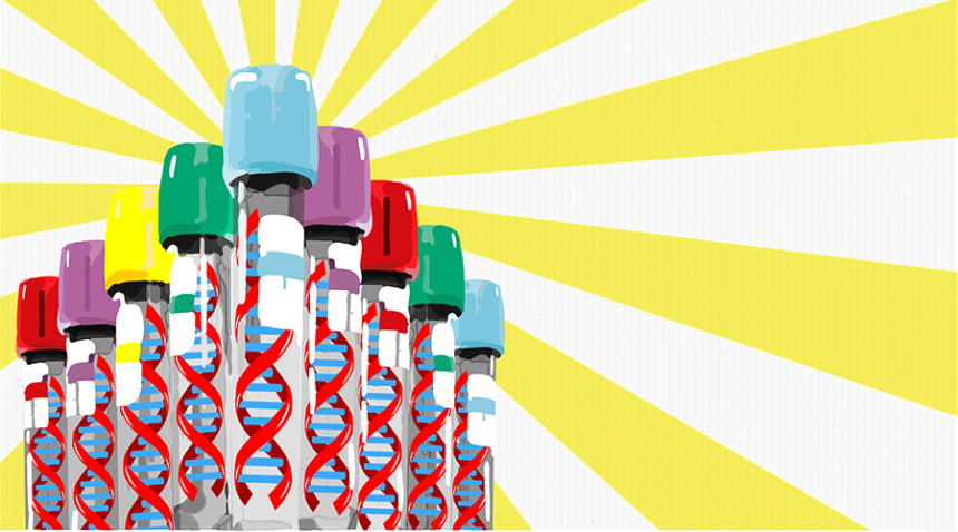 illustration of test tubes lined up in a formation, akin to superhero pose