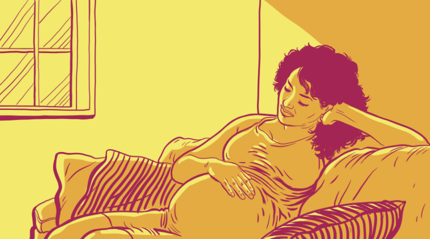 Illustration of woman sitting on a couch, touching and reflecting on her pregnant belly