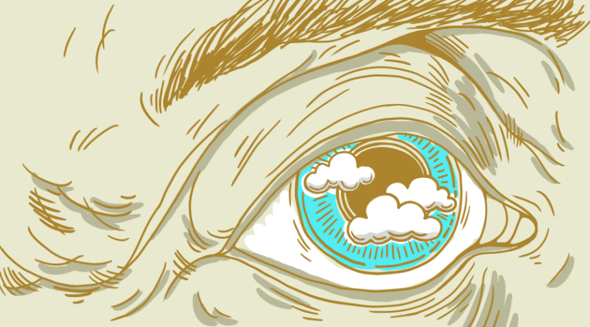 Illustration of face/close-up of eye ball with clouds reflected in iris