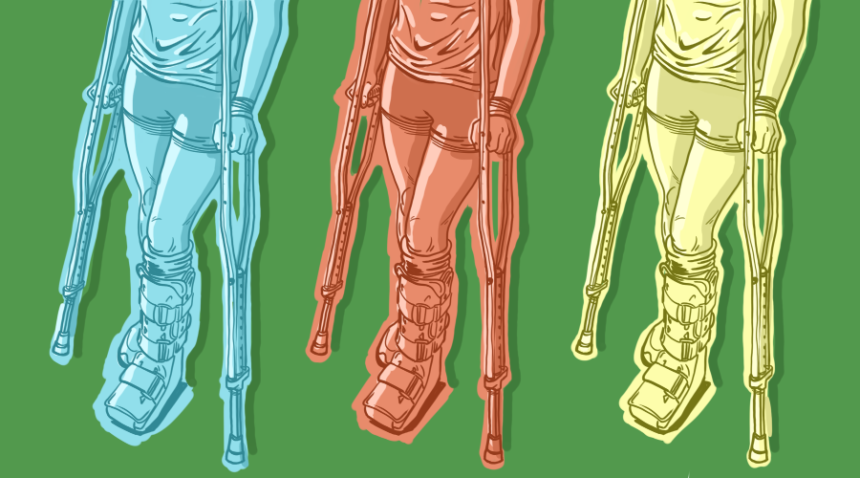 Illustrated pattern of a body from the neck down wearing a boot and using crutches