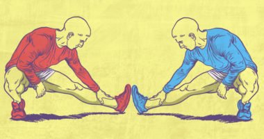 illustration of two identical runners stretching, one wearing red clothes, one wearing blue clothes