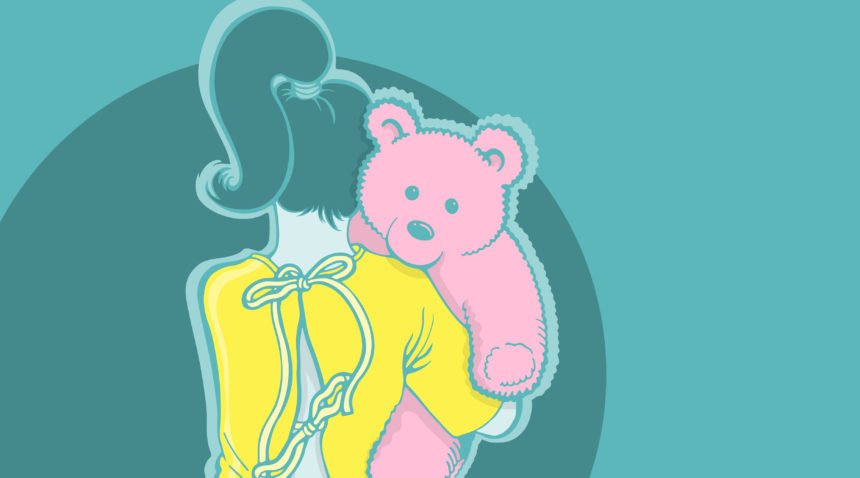 illustration of child wearing hospital gown, holding teddy bear
