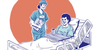 Illustration of patient in hospital bed, talking to nurse