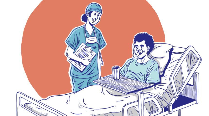 Illustration of patient in hospital bed, talking to nurse