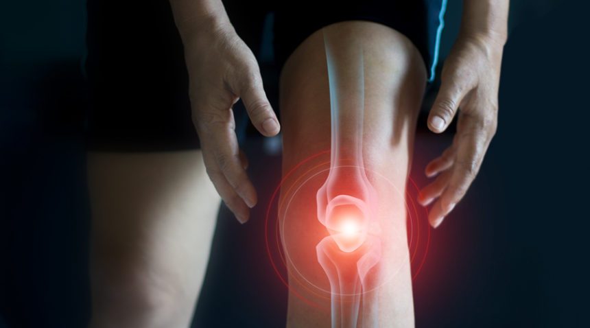 Image of man clutching knee, with an illustration overlayed on the leg to highlight knee pain in glowing red