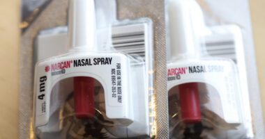 close up view of Narcan nasal spray packages