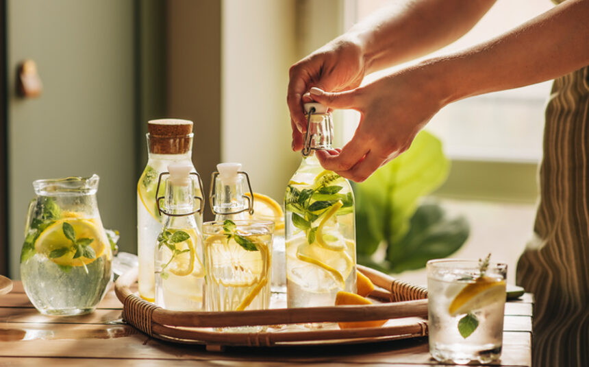 A tray with bottles of lemon water