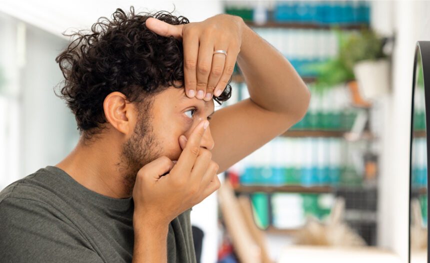 Young man removes a contact lens from his eye