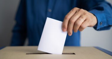 anonymous male figure placing a piece of paper in a ballot box