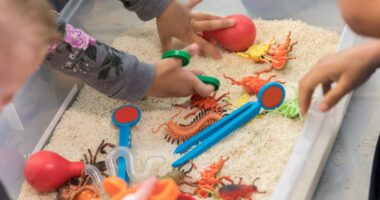 close-up of children's hands playing in a sensory bin with insect toys