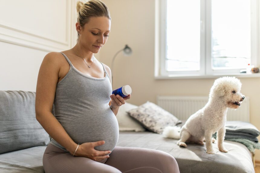 Pregnant woman looking at a medication bottle at home.