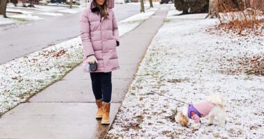 A woman walks her dog along a snowy sidewalk in a residential neighborhood.