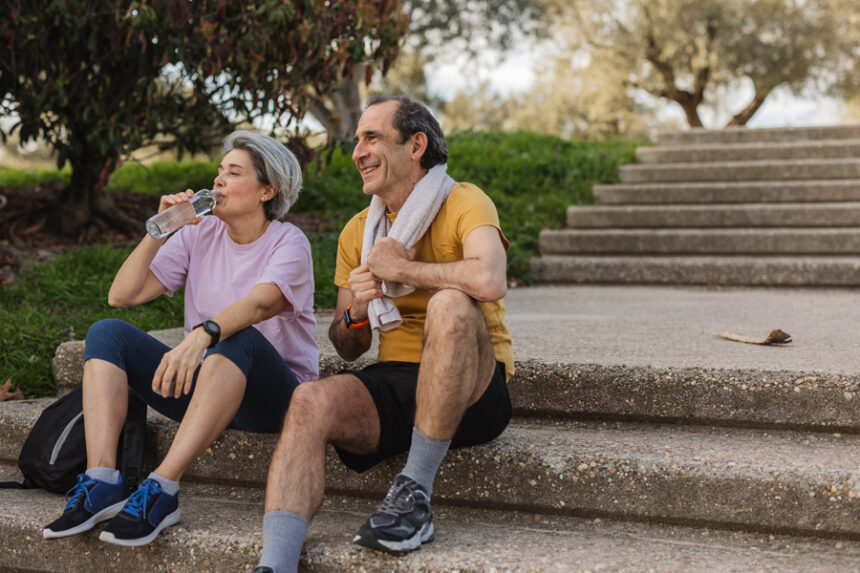 Two people sitting on a staircase drinking water after exercising.