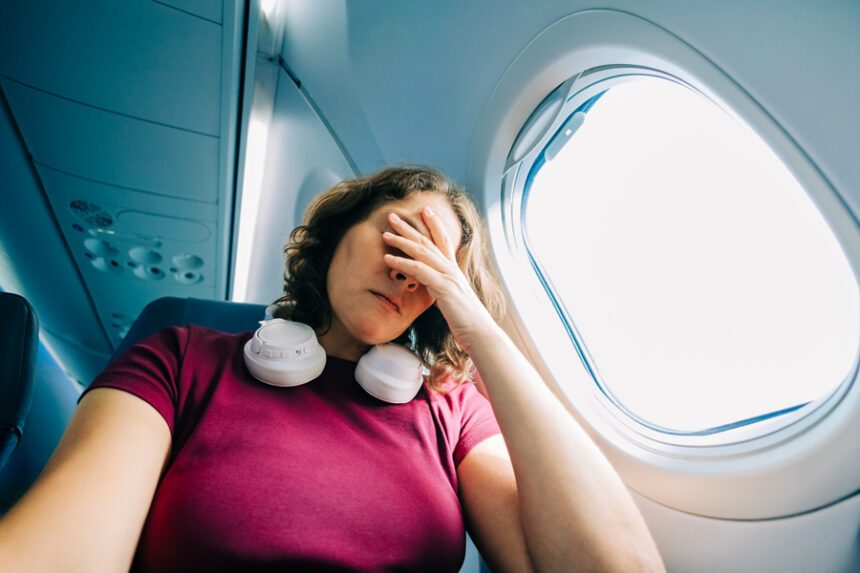 woman looks miserable while sitting in an airplane