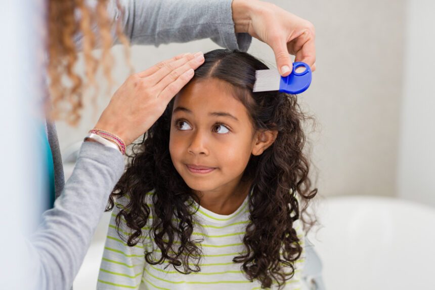 A woman carefully checks a young girl’s hair for head lice using a lice comb.
