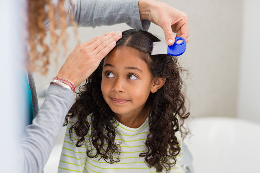 A woman carefully checks a young girl’s hair for head lice using a lice comb.